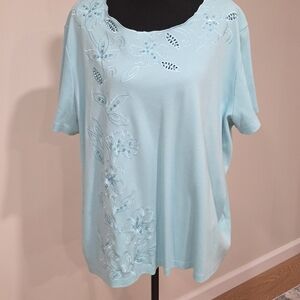 Alfred Dunner Light Blue Floral Short Sleeve Top